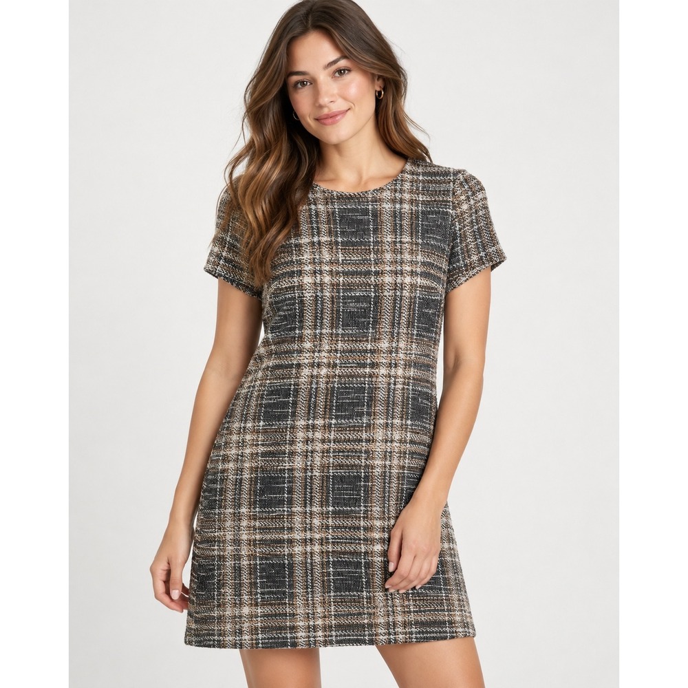 Calvin Klein Women 8P Textured Tweed Sheath Mini Dress Plaid Short Sleeve Office